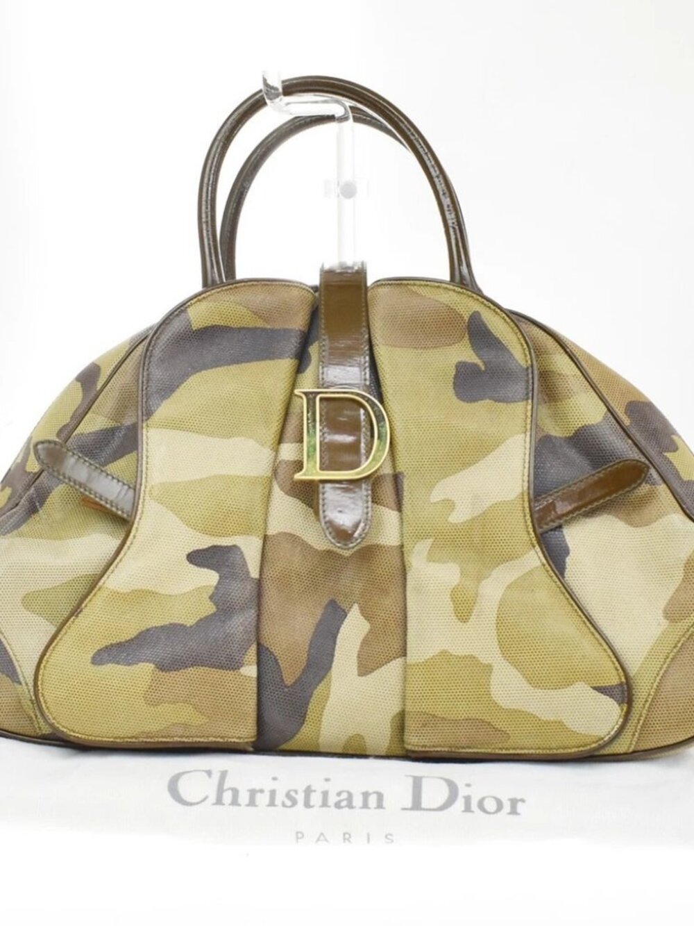 CHRISTIAN DIOR Camouflage Double Saddle Hand Bag Canvas Leather GN GHW 50CB277